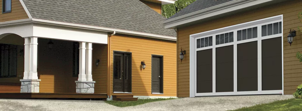 Eastman E-11, 16' x 8', Moka Brown door and Ice White overlays, 4 vertical lite Panoramic windows